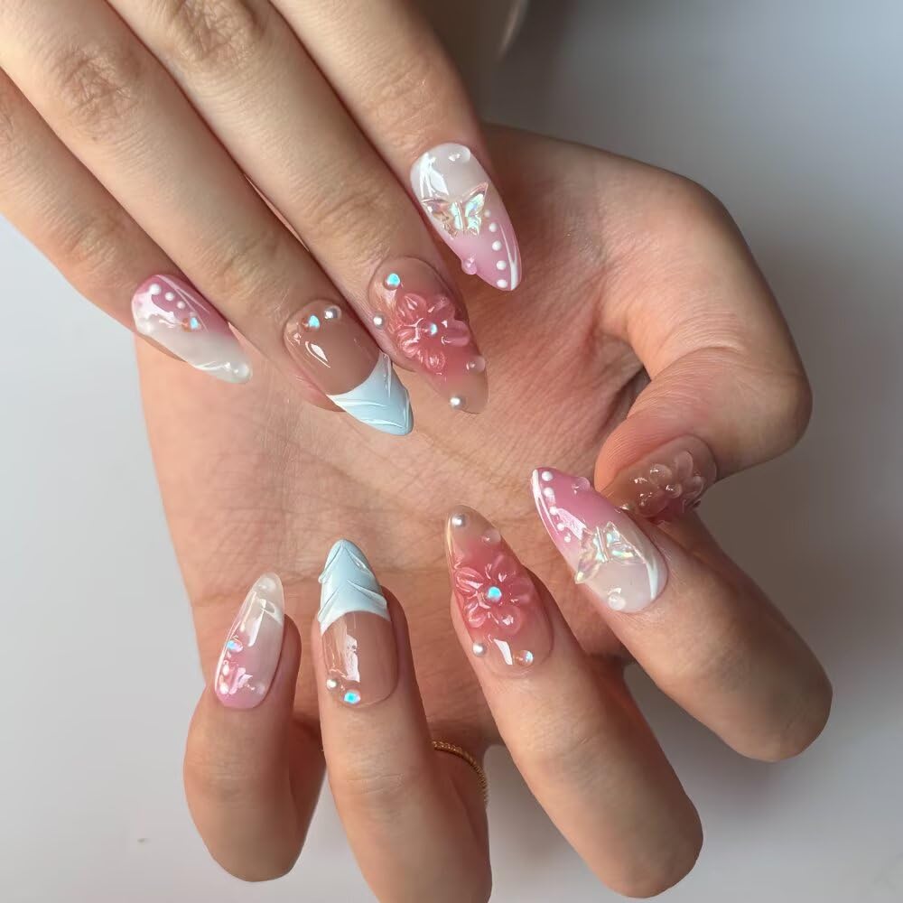 Handmade Press on Nails Medium Almond Blue French Tip False Nails with 3D Pearl Design Stick on Nails Pink Artificial Nail Full Cover Glue on Nails for Women DIY 10 Pcs (Size M）