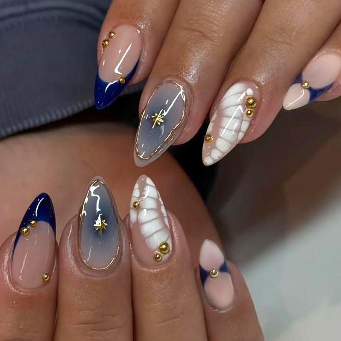 VOTACOS 24PCS Dark Blue French Tip Press on Nails Almond Medium Nude Acrylic Fake Nails Press Ons with Designs Golden Bead Star Glue on Nail for Women Blush Reusable Artificial Stick on False Nail