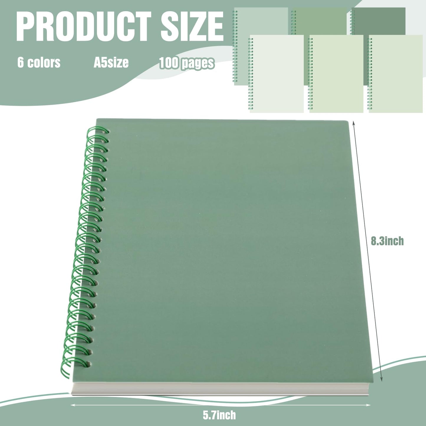 MotiMind 6 Pcs Sage Green School Supplies Aesthetic Spiral Notebook for Work A5 College Ruled Spiral Journal Notebook Christmas Office Stationery Kit for Work Note-taking Women Men Writing, 100 Sheets