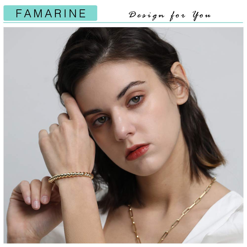 FAMARINE Twisted Thin Bangle for Women, Vintage Stretchable Elastic Bangle Couples Love Bracelets, 14K Gold Plated