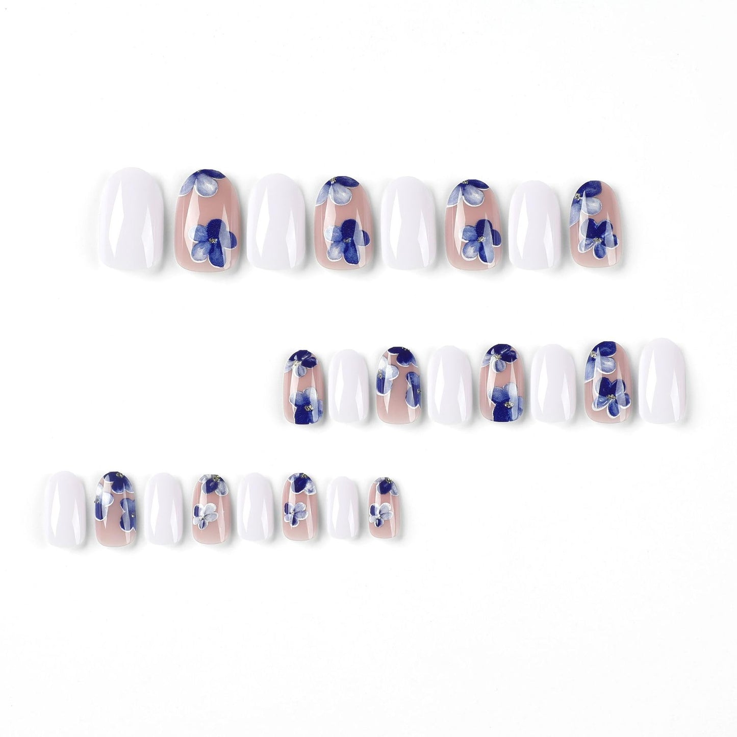 IMSOHOT Press on Nails Oval Short Fake Nails White Blue Flower Round Acrylic False Nails with Designs Full Cover Cute Artificial Nails for Women 24Pcs