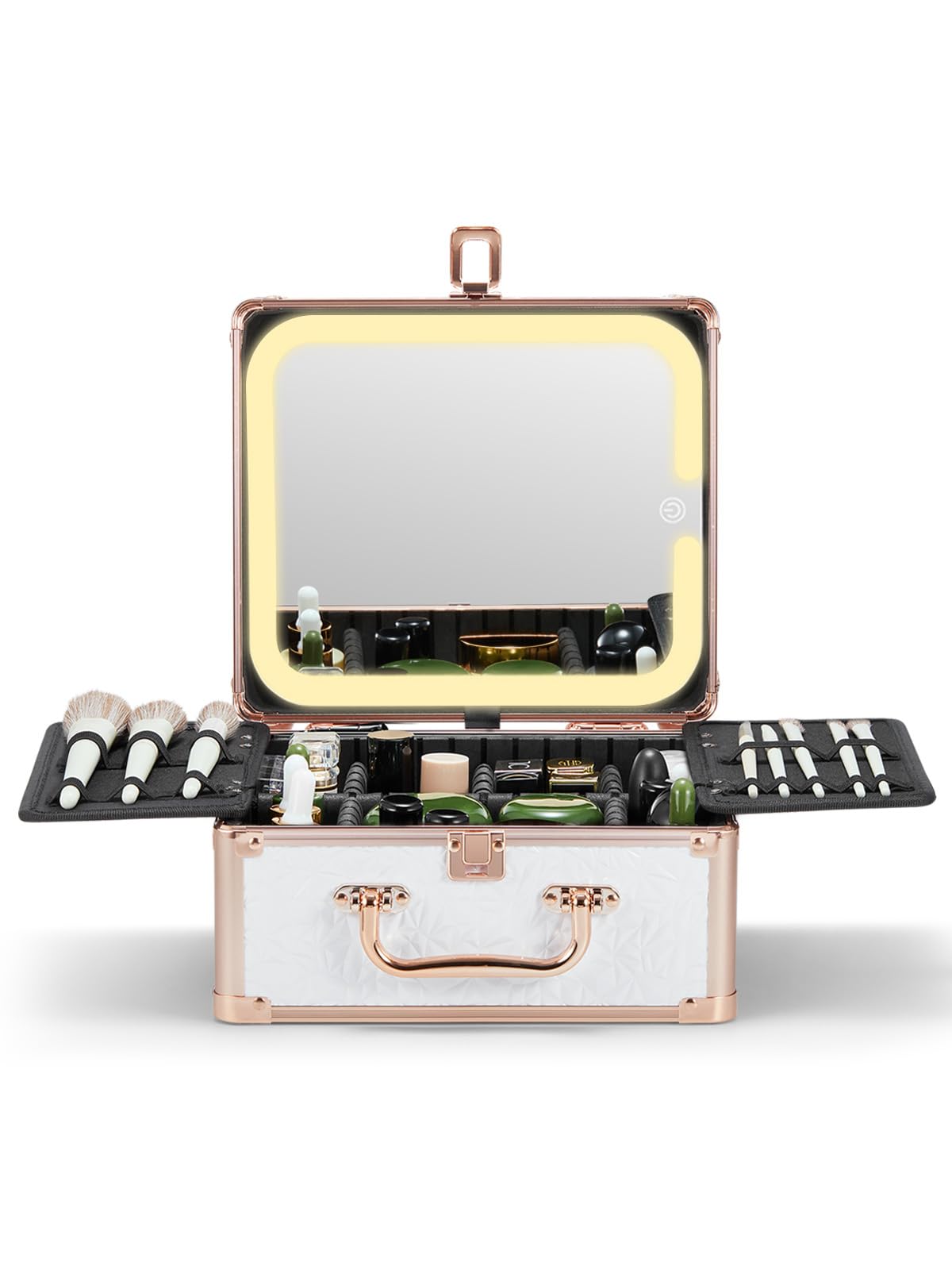 Qislee Makeup Box with A Detachable Lighted Mirror, Waterproof Travel Train Case, Cosmetic Organizer and Makeup Suitcase with Adjustable Dividers, Magnetic LED Mirror(Bright White)