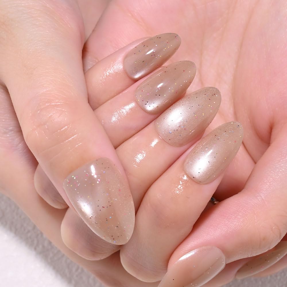 XZMeiLun Light Brown Press On Nails Short Oval Cute Shimmer Acrylic Fake Nails, Jelly Glossy Full Cover Glue on Nail For Reusable Fall Artificial Stick on Nails for Salon Quality Nail Women 24 Pcs