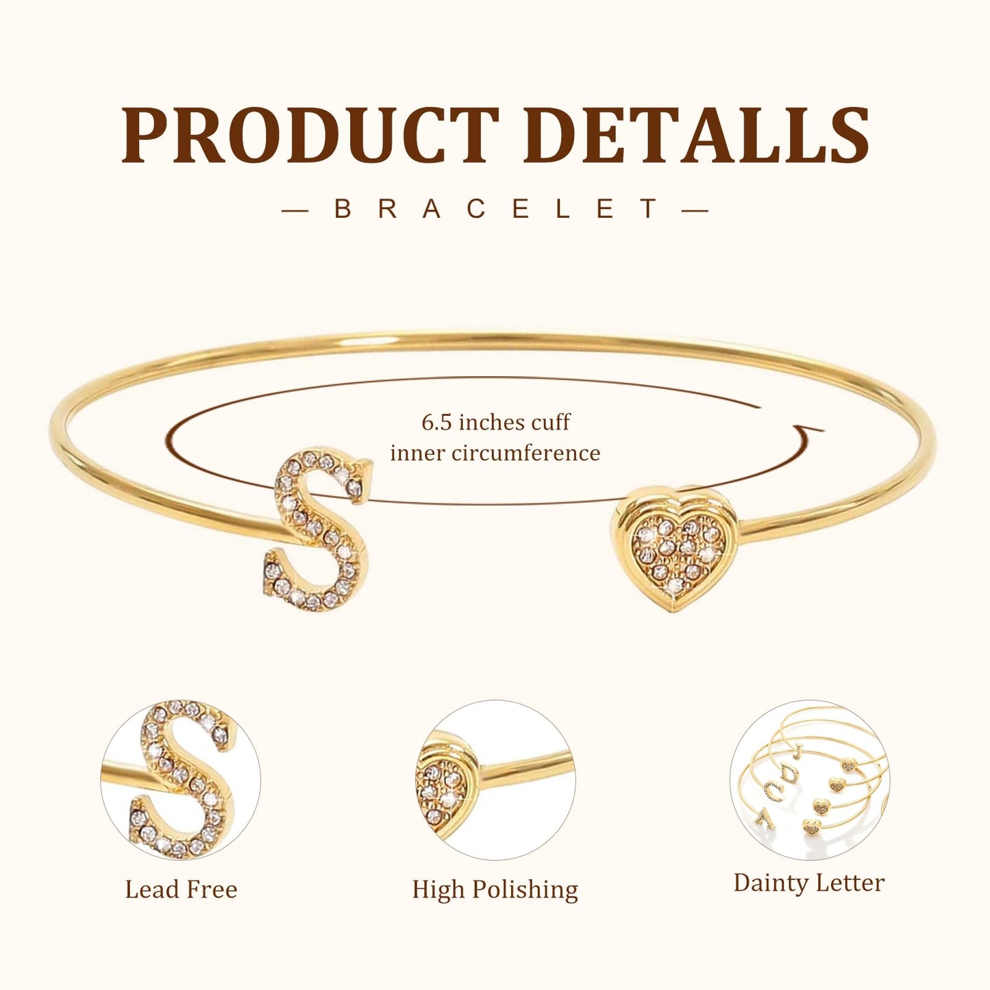 BXDA Trendy Gold Plated Heart Initial S Cuff Bangle Bracelet for Women, Handmade Statement Cubic Zirconia Stackable Open Letter Bracelets Fashion Jewelry Accessories Gift
