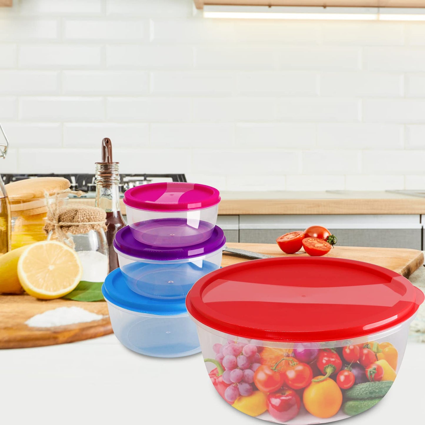 SCWBOEII 7Pcs Round Mixing Bowl Set Salad Bowl with Airtight Lids Plastic Nesting Mixing Bowl Set for Packing and Serving Christmas Salads Candies Cookies, Microwave Safe