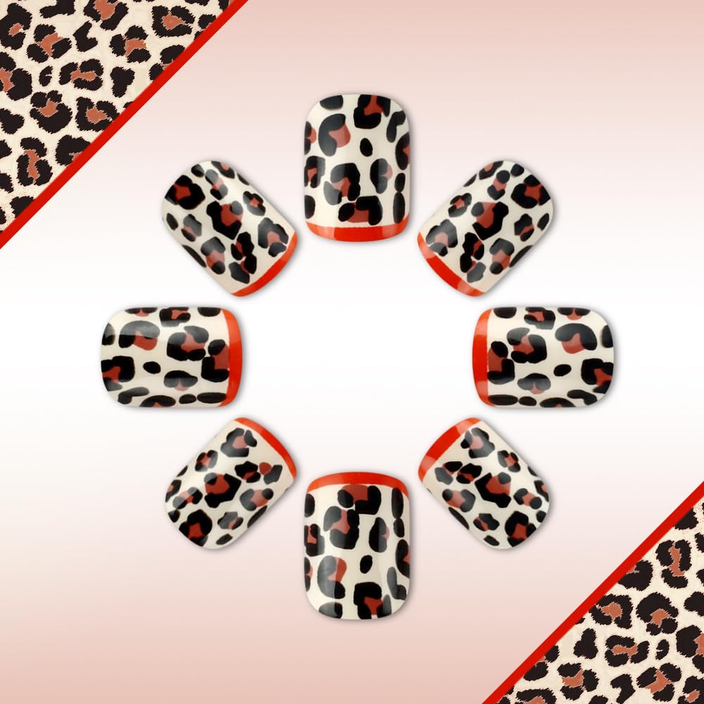 plalely Square Press on Nails Short Brown Fake Nail Leopard Style Acrylic Nail Press ons Stick on Nails for Women 24pcs