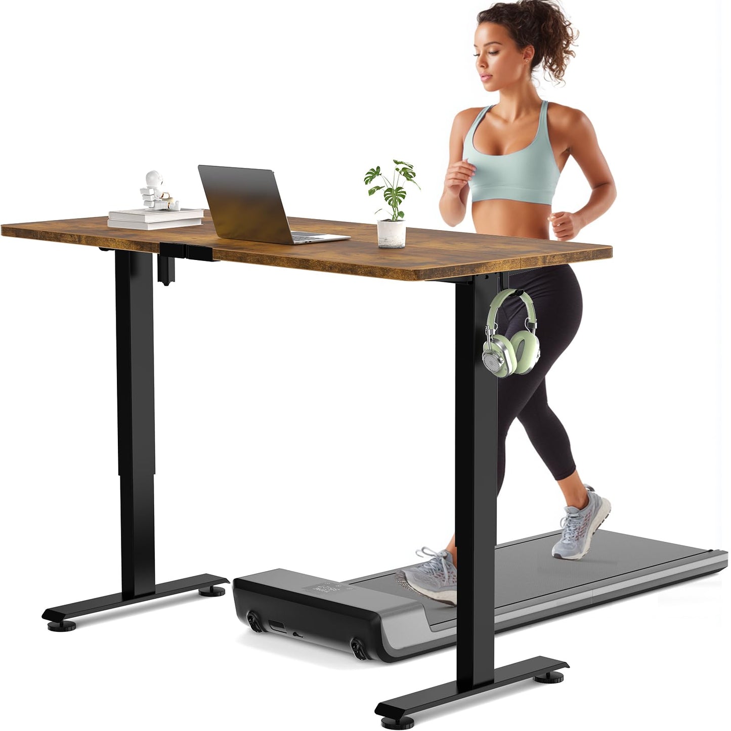 Veken 55 Inch Large Electric Standing Desk, Heights Adjustable, Sit to Stand Up, Work Home Office Computer Table for Study, Walking Pad, Writing, and Games, Wooden Desktop Desks, Brown