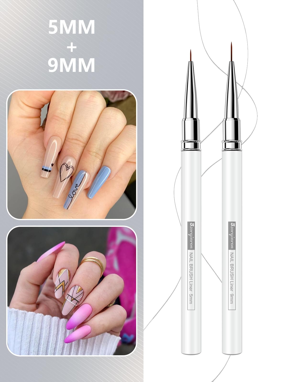 Nail Liner Brush, Fine Line Nail art Brushes 5/9/15/20/25mm Thin Line Nail Brushes Detail Drawing, Liner Brush for Nails Gel (White)