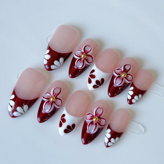 Haozerart Handmade Press On Nails, Medium Almond Luxury Burgundy Fake Nails, 3D Flower Glossy French Tip Reusable False Nails Kit for Women, (M Size, 10Pcs)