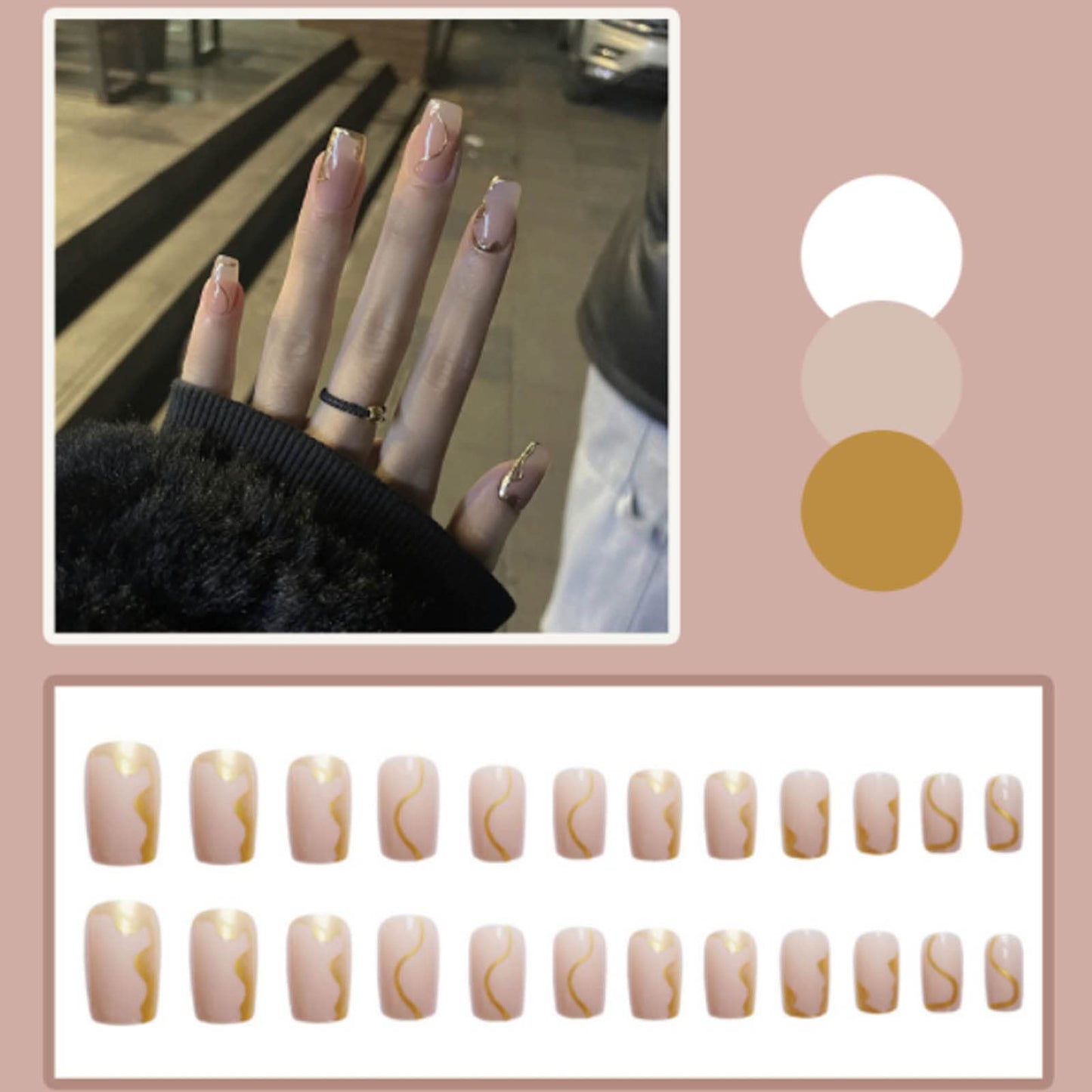 Kamize Medium Fake Nails Square Press on Nails Tips Gold Bling False Nails for Women and Grils