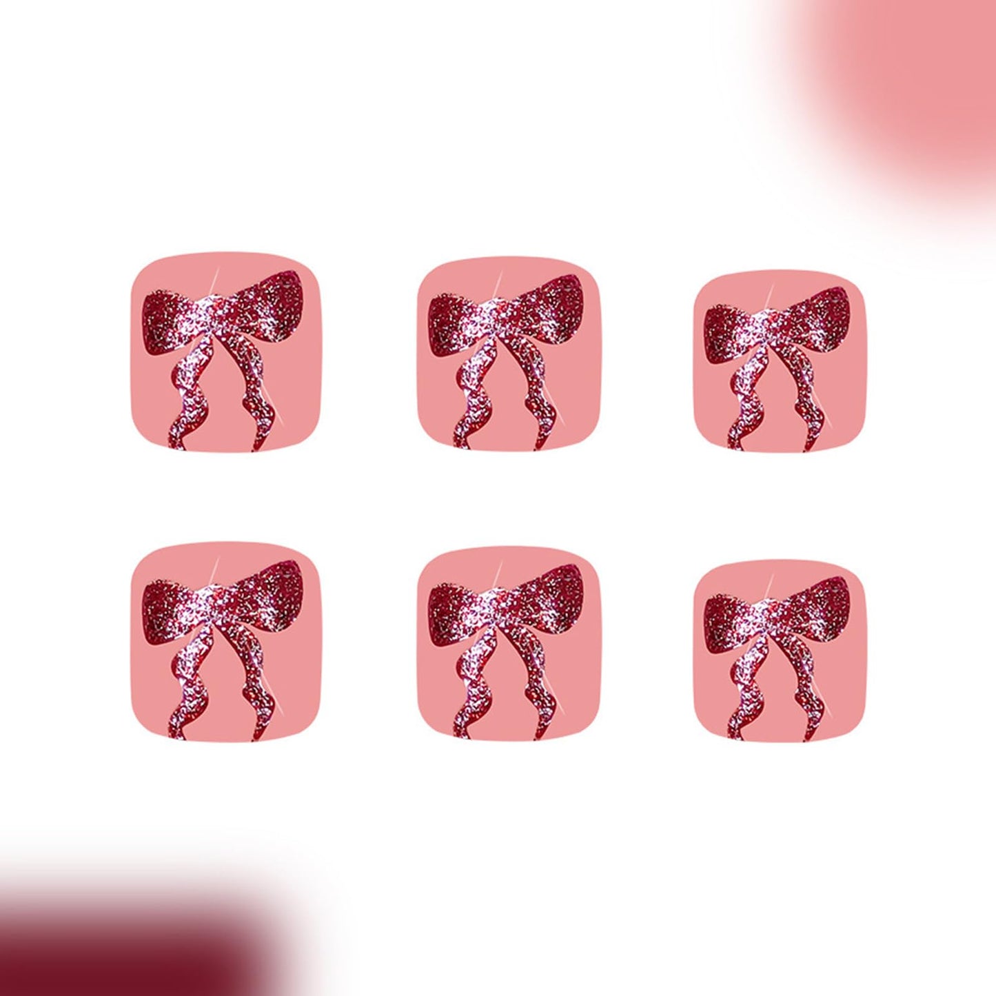 Wine Red Press on Toenails Short Square Fake Toe Nails with Glitter Bow Design Cute False Toenails Reusable Glue on Nails Dark Red Glossy Acrylic False Toenails for Coquette Women 24Pcs