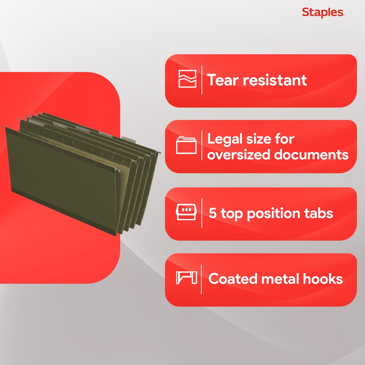 Staples Hanging File Folders, Legal Size, 1/5‑Cut Tabs, Standard Green, Includes Tabs & Paper Inserts – 50/Pack
