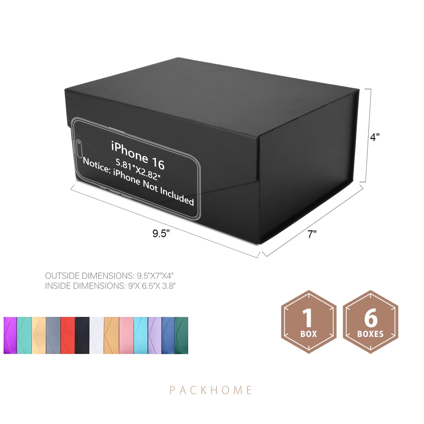 PACKHOME 6 Gift Boxes 9x6.5x3.8 Inches, Rectangle Collapsible Boxes with Magnetic Lids for Gift Packaging (Matte Black, Grain Texture)