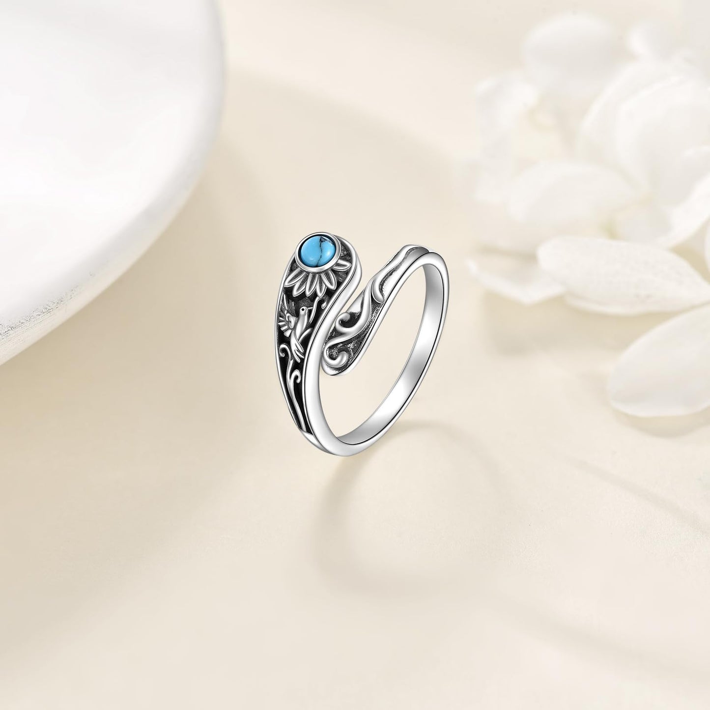 POPLYKE Sterling Silver Hummingbird Turquoise Spoon Ring Vintage Thumb Rings Boho Adjustable Open Ring Statement Jewelry Gifts for Women