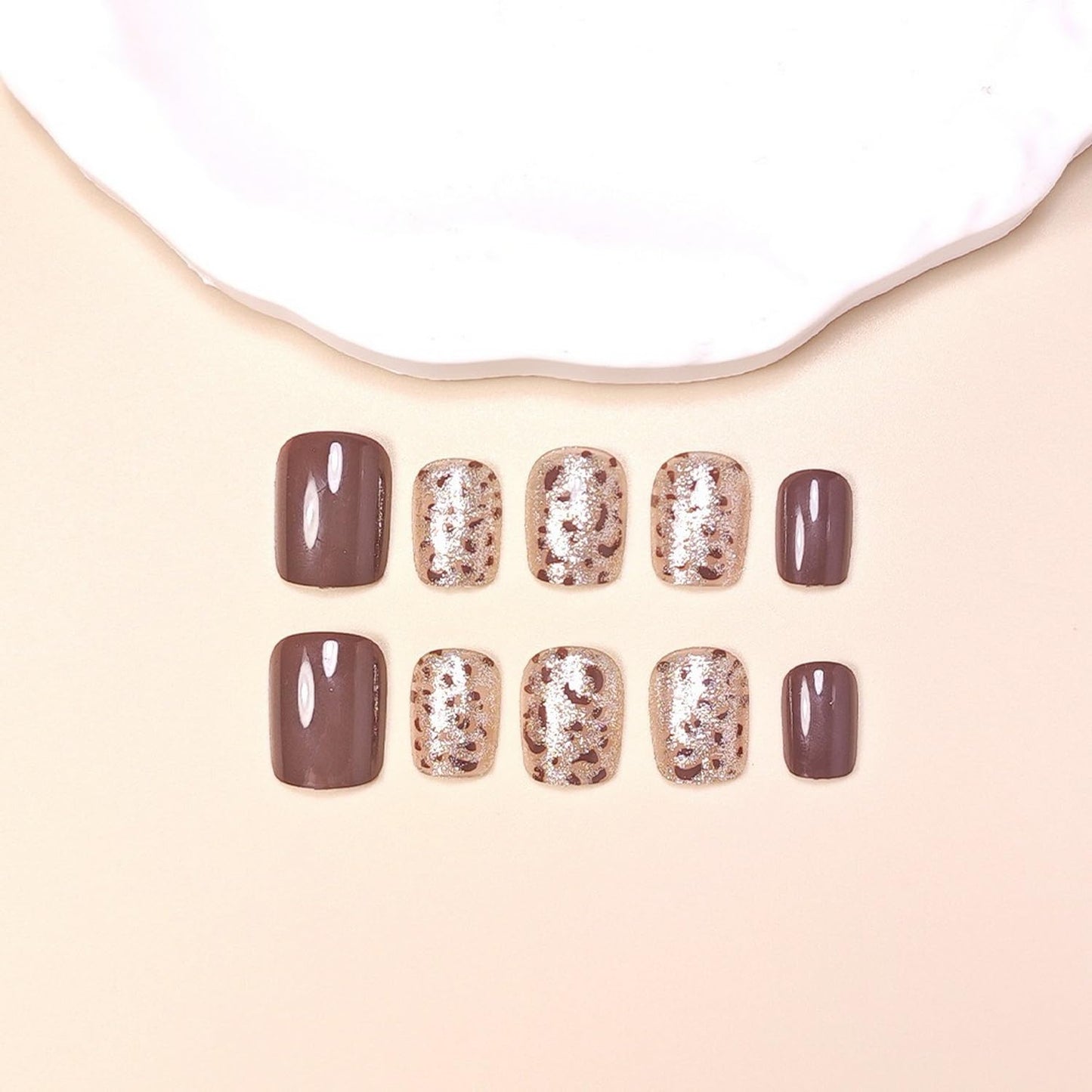 24 Pcs Leopard Print French Tip Press on Nails with Glitter Designs Glossy Brown False Nails Short Square Fake Nail Full Cover Acrylic Glue on Nails for Women DIY Manicure Nail Decoration