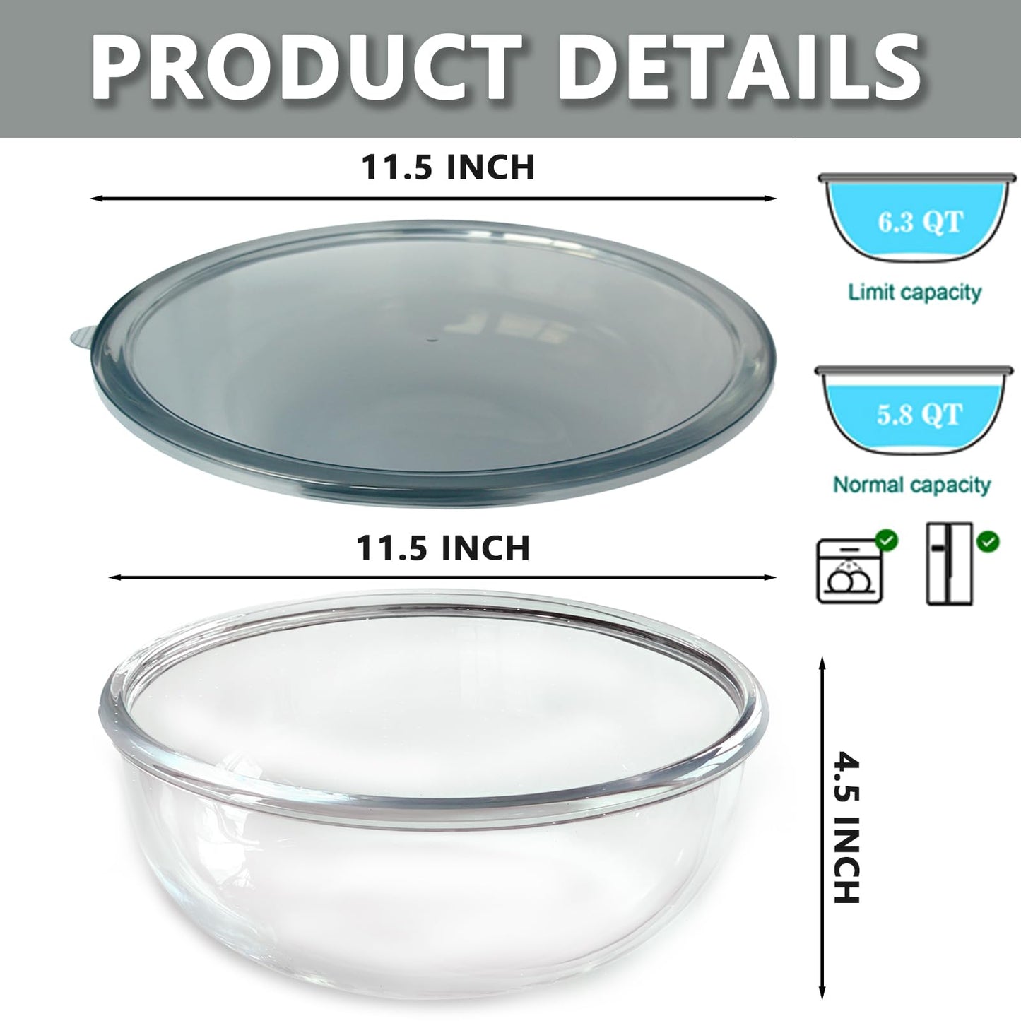 CD HOME 6.3Quart Large Glass Mixing Bowl with Lid, Clear Large Salad Bowls Glass Big Mixing Bowls for Kitchen