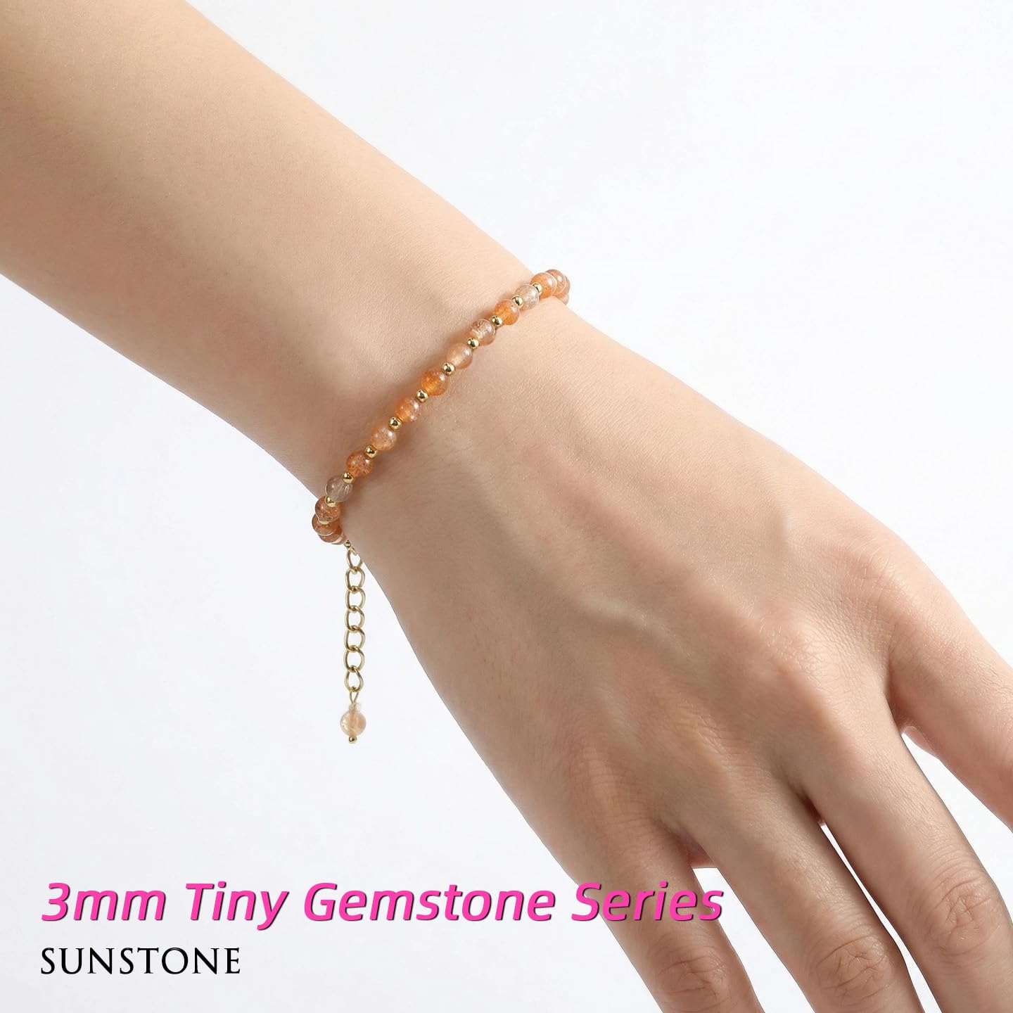 Morchic 3mm Orange Sunstone Feldspar Natural Gemstone Beaded Bracelet for Women, Dainty Charm Jewelry, Adjustable 7.1-8.6" Ideal Birthday Holiday Gift
