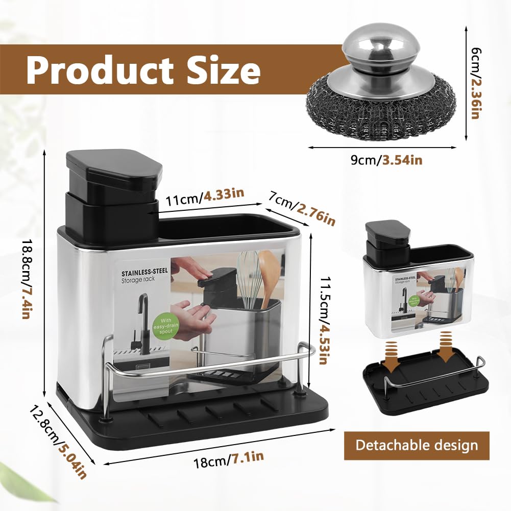 3-in-1 Dish Soap Dispenser, Sponge Holder for Kitchen Sink Caddy, Organizer Dish Soap Dispenser with Cleaning Brush and Tray Drainer Rack Countertop