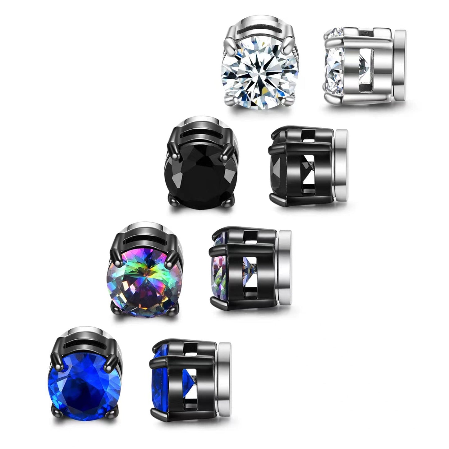 SIISPRI 4 Pairs Stainless Steel Magnetic Stud Earrings for Men Women Hypoallergenic Inlaid Cubic Zirconia Unisex Non-Piercing Clip On Stud Diamond Earrings Set