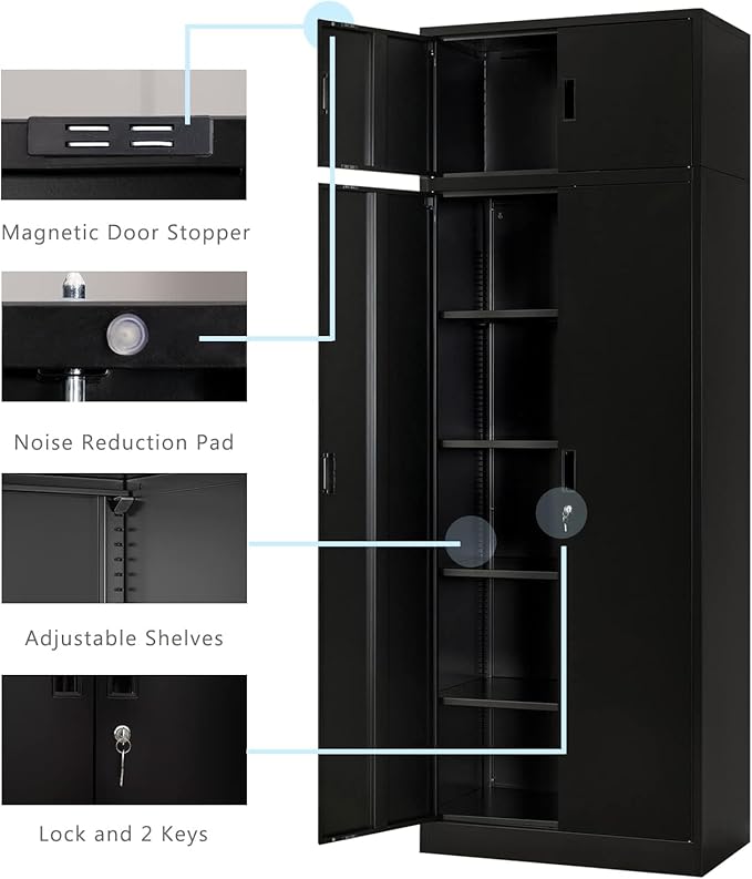 BESFUR Metal Storage Cabinet 87" H，Black Locking Storage Cabinets with Top Cabinet and 4 Adjustable Shelves for Home Office, Garage,School, Apartment, Warehouse, Utility Room