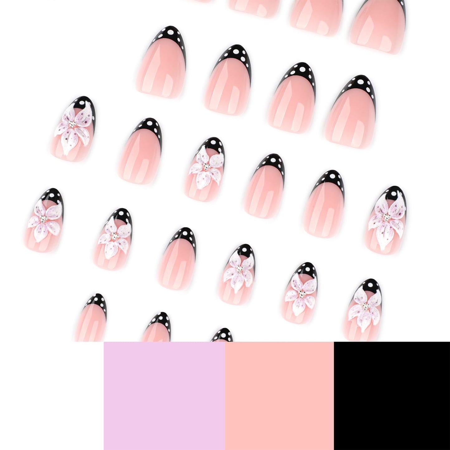 3D Flower Press on Nails Short Almond Nails Press ons with Black French Tip Designs Polka Dot Fake Nails Nude Pink False Nails Reusable Glue On Fake Nails for Women Salon Quality Manicure Set