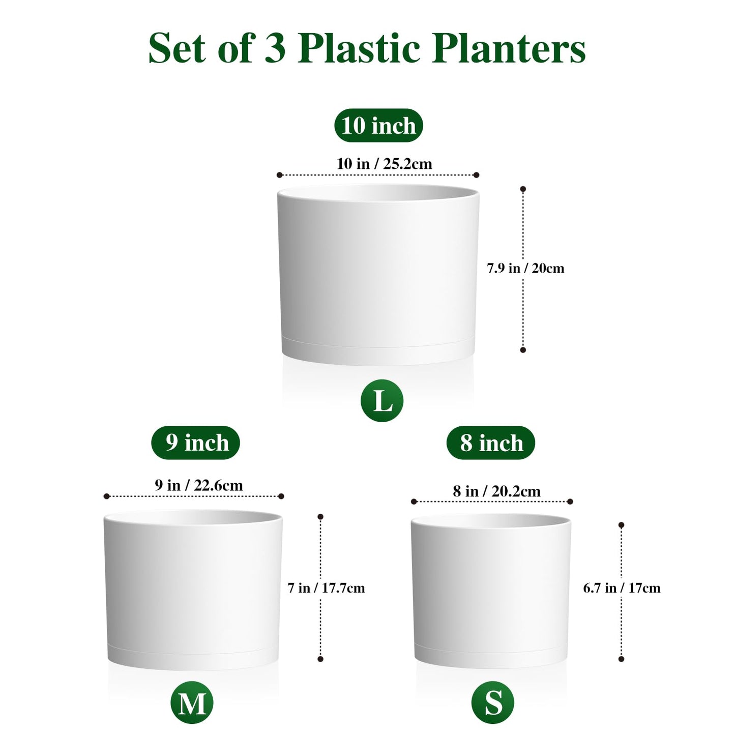 KUGAZ Plant Pots, 10/9/8 Inch 3 Pack Cylindrical Flower Pots with Drainage Holes and Saucers, Plastic Planters for Outdoor Indoor Plants,White