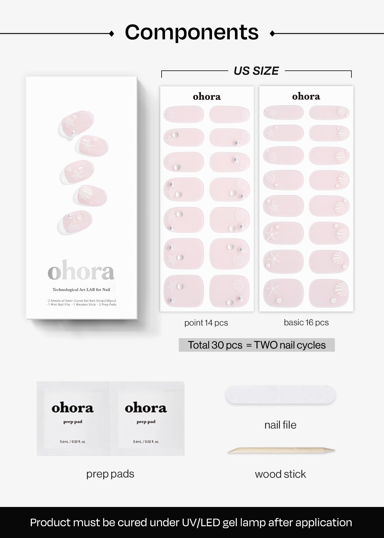 ohora Semi Cured Gel Nail Strips (N Seashell Love) - Works with Any Nail Lamps, Salon-Quality, Long Lasting, Easy to Apply & Remove - Includes 2 Prep Pads, Nail File & Wooden Stick