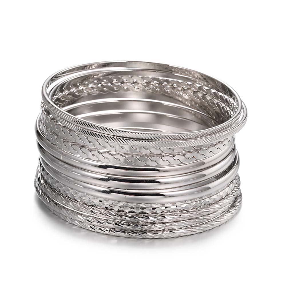 RINTOLER 12Pcs Silver Bangle Bracelets for Women, Vintage Ethnic Bracelets, Bollywood India Bangles, Stacked Bracelets for Women Bohemian Jewelry