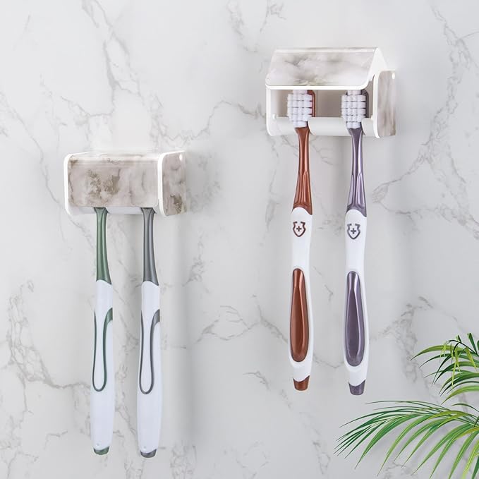 2 PCS Toothbrush Holders Wall Mounted with Cover, Electric Tooth Brushing Holder for Bathroom, 2 Slots Self Adhesive Toothbrush Organizer, Toothbrush Stand for Family, Kids (2, White Marble)