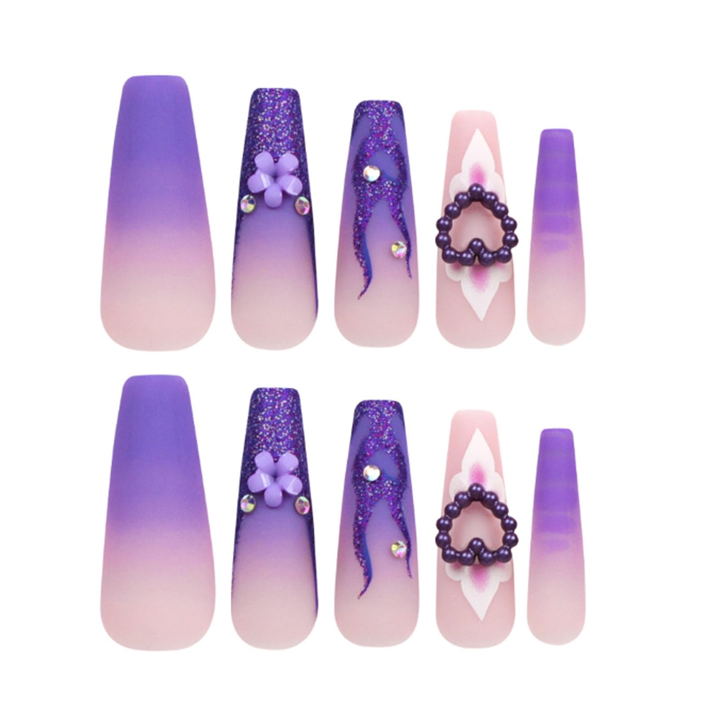 Hkanlre Purple Press on Nails Heart Fake Nails Tips Full Cover False Coffin Long Fire Nails for Women and Girls 24PCS
