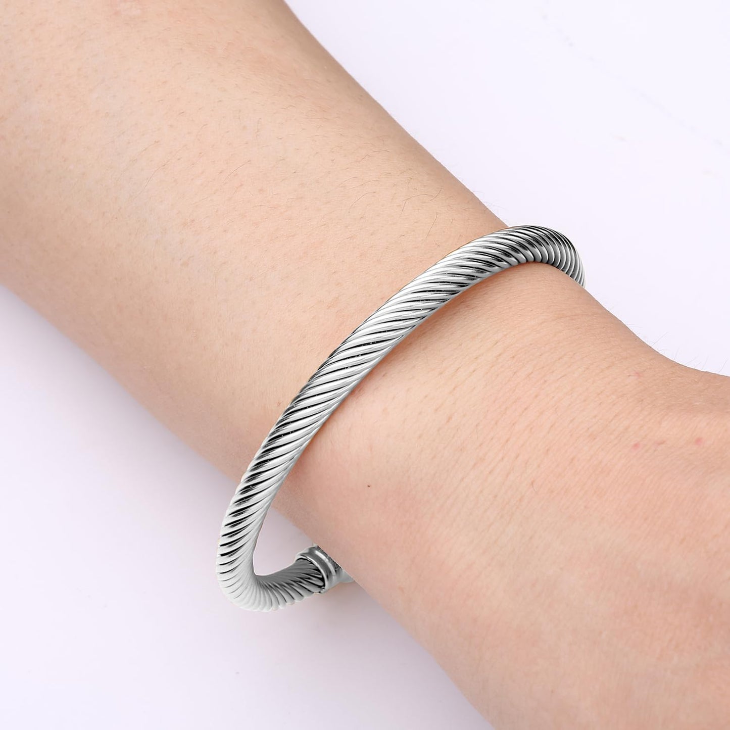 Adjustable C-Shape Open Cuff Bangle, Twisted Cable Bracelet for Men & Women, Chic Stainless Steel Unisex Jewelry Gift for Him Her, Unique Anniversary Present (Silver)