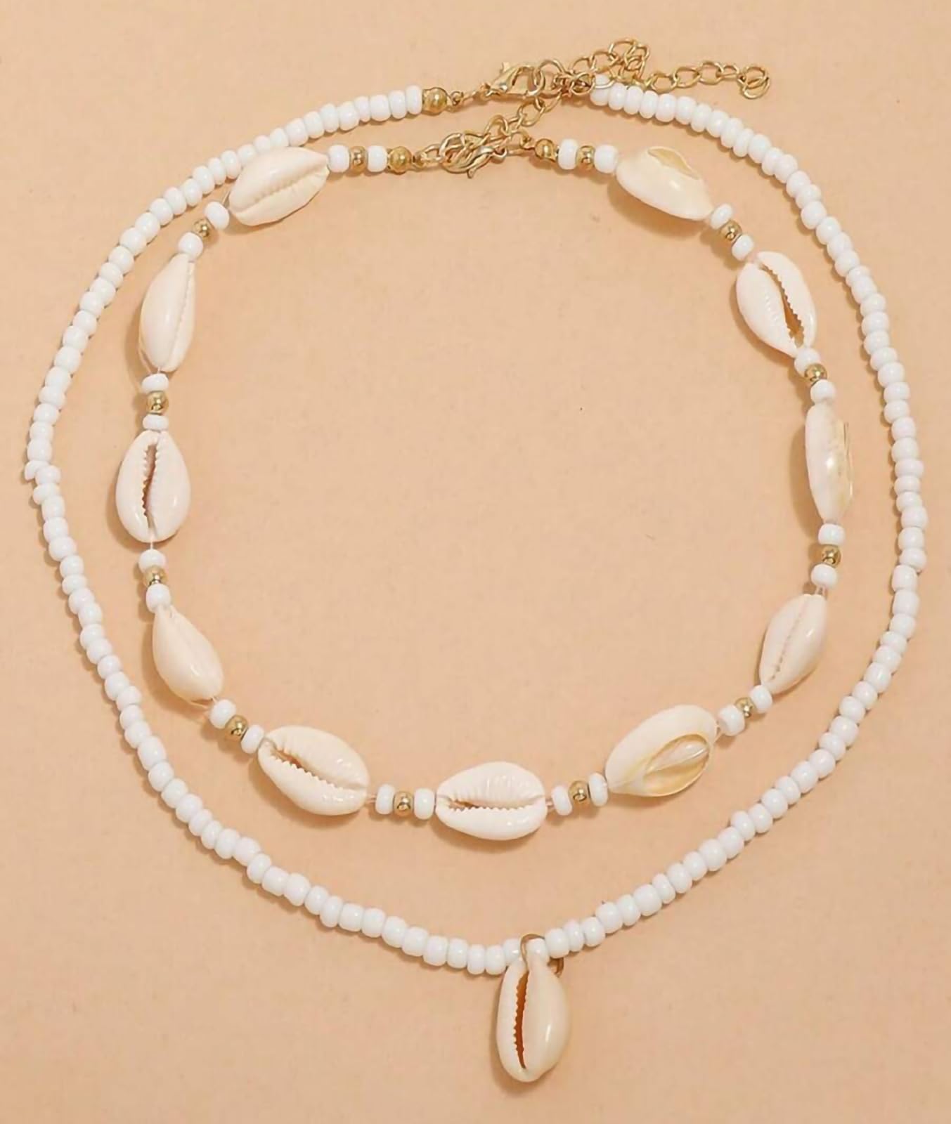Nackiy Handmade Sea Shell Necklace Choker For Women Summer Adjustable Natural Shell Collar Necklace (Beige Braided Rope) (2 Layered)