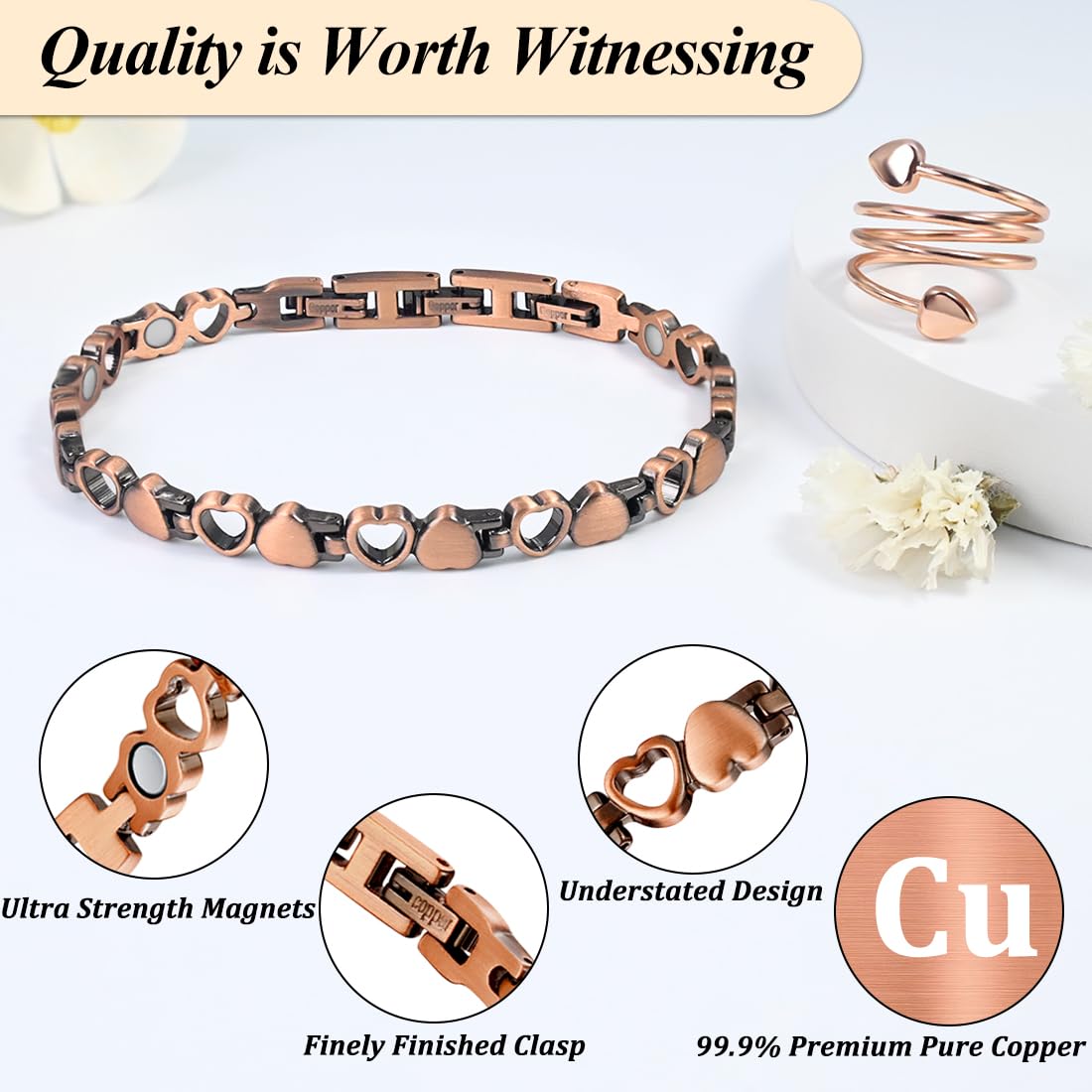 Vicmag Copper Bracelet for Women, Strength Magnetic Copper Bracelets 99.9% Solid Pure Copper Jewelry Valentine's Day Gift for Her (Adjustable Size with Gift Box)
