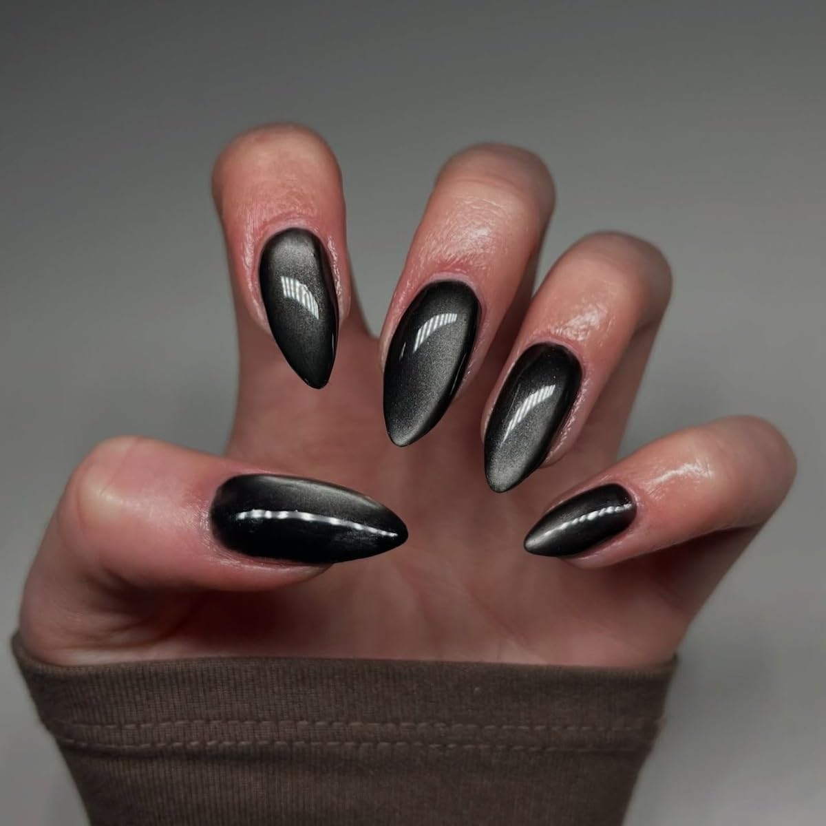 Black Press On Nails Almond - KQueenest Chrome Press On Nails Medium, Dark Sparkle Soft Gel Fake Nails Press on Medium Stiletto, Reusable Cute Glitter Glue on Nails for Women Decoration, 30 Pcs