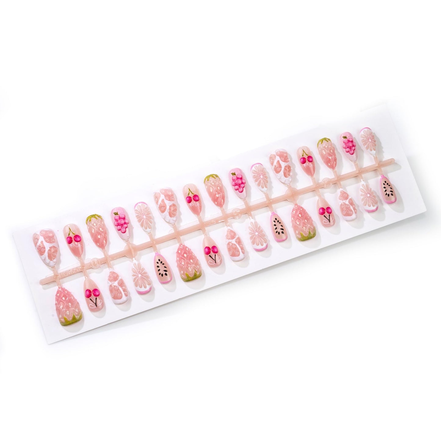 Medium Press on Nails Almond Fake Nails Pink Artificial Nail Cherry Strawberry Grape Daisy Fruit Pattern 3D Sweet Glossy Cute Summer Stick on Nail for Women 30pcs