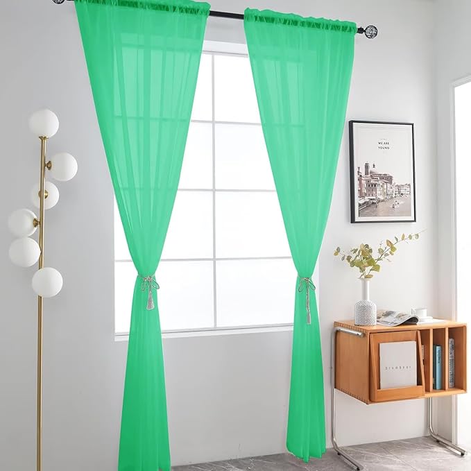 SpaceDresser Basic Rod Pocket Sheer Voile Window Curtain Panels Grass Green 1 Pair 2 Panels 52 Width 63 Inch Long for Kitchen Bedroom Children Living Room Yard（Grass Green, 52W x 63L）