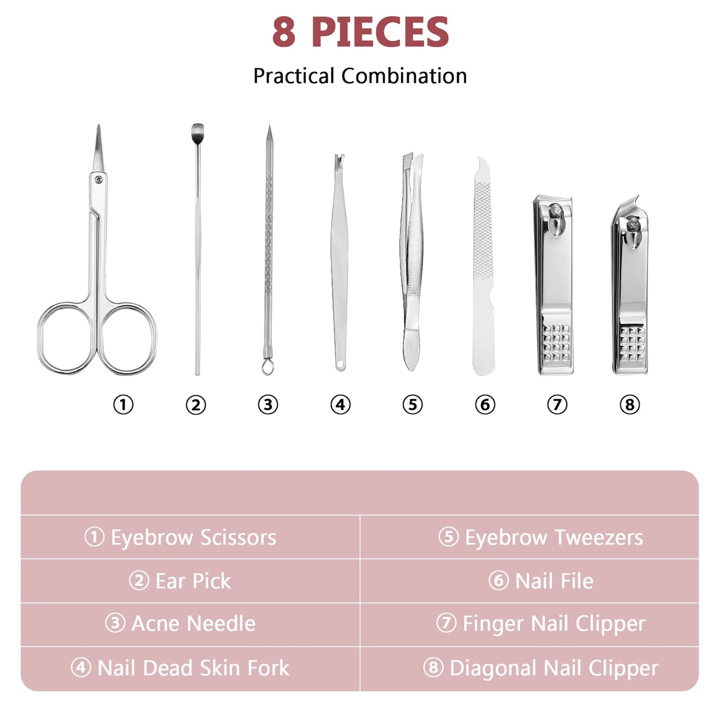 Lasnten 24 Set Valentine Manicure Set Bulk Nail Clippers Grooming Nail Kit Stainless Steel Professional Pedicure Tools Kit with Travel Case for Men Women Valentine's Day Gift(8 in 1,Red, Silver)