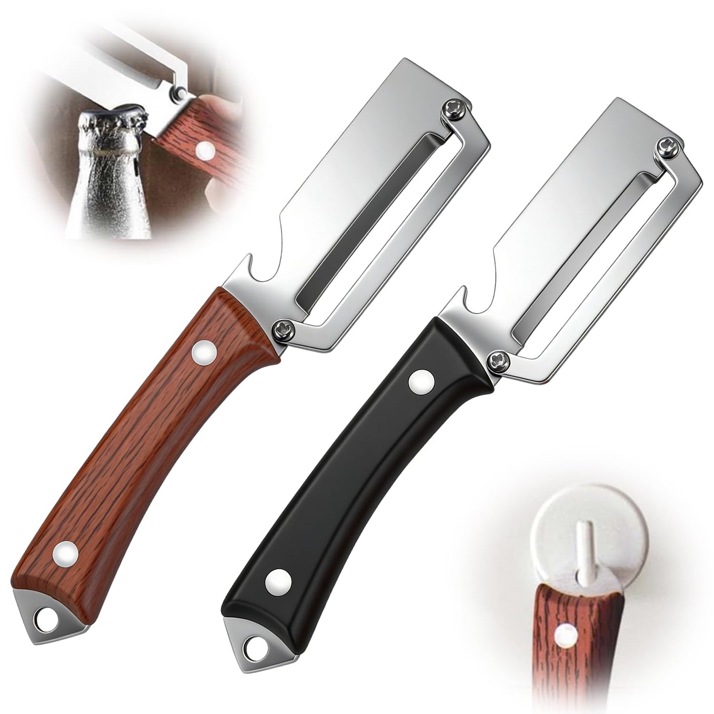 2Pcs Premium Vegetable Peeler with Wooden Handle and Bottle Opener,Multifunctional 3-in-1 Stainless Steel Kitchen Tool for various fruits and vegetables that require peeling（Black + Brown）