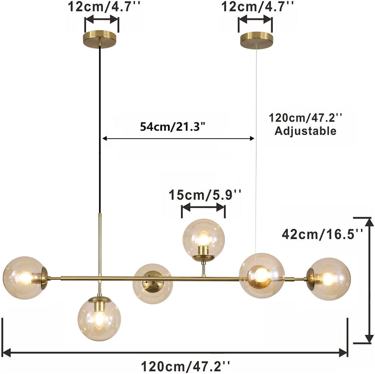 KCO Lighting Globe Linear Chandelier 6 Light Amber Glass Pendant Light Fixture Gold Kitchen Island Lighting Long Brass Sputnik Chandelier Dining Room Light Fixtures Over Table