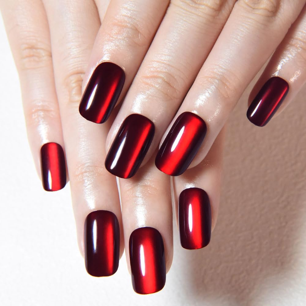 evpct Dark Blood Red Metallic Cat Eye Press on Nails Square Medium, Stick on Nails Medium Length Square for Women, Red Metallic Nail press ons, Iridescent Glitter Halloween Acrylic Fake Press on Nail