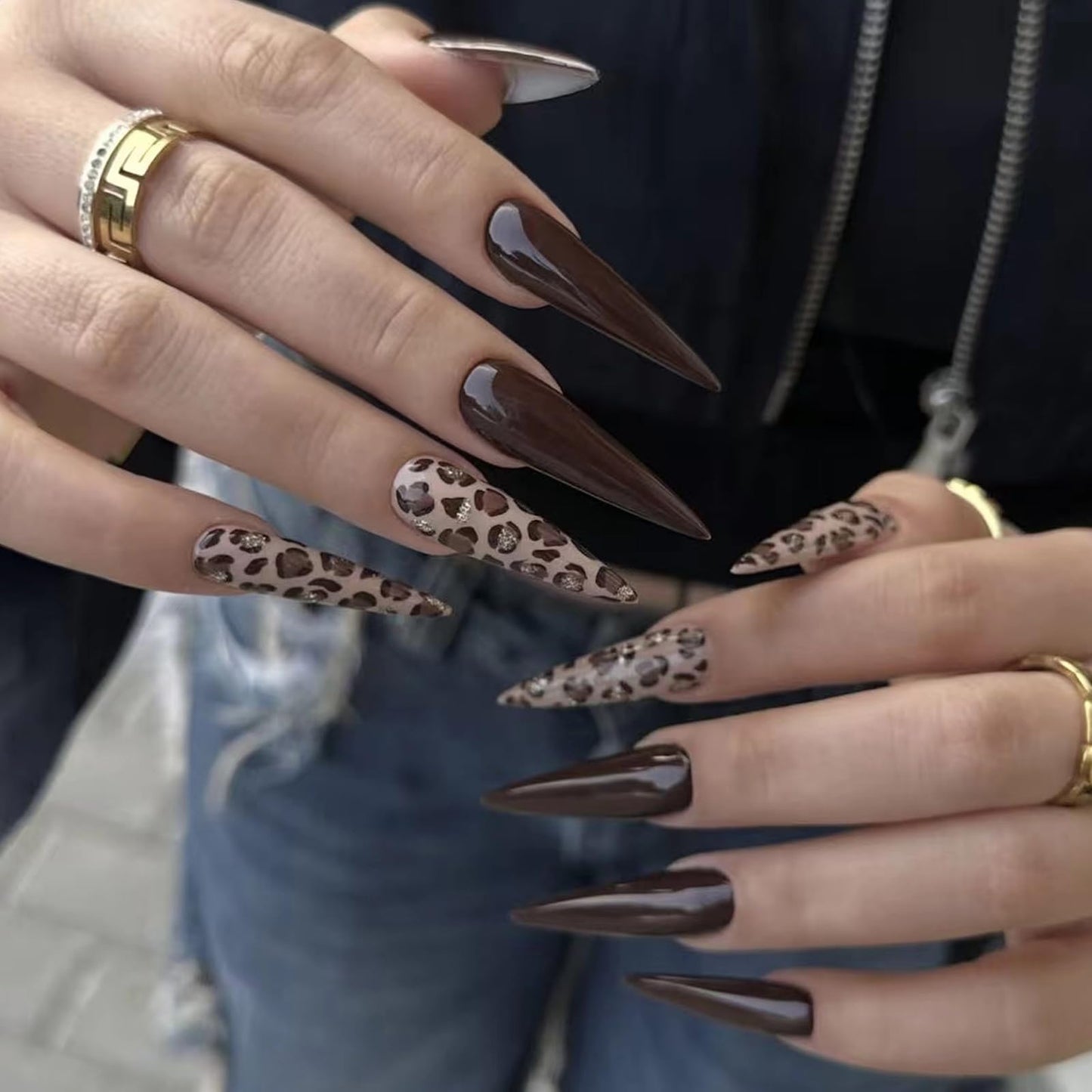 MISUD Press on Nails - Long Stiletto Fake Nails with Brown Leopard, Acrylic Bling Glitter Design 24 pcs