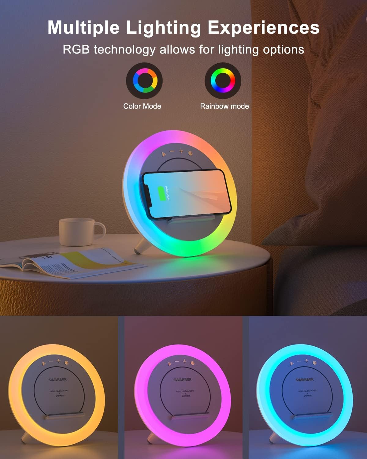 Swarmir Bluetooth Speaker Night Lights, Wireless Charging Kids Speaker, Color Changing Modern Bluetooth Lamp,Teenage Boys Girls Gifts Ideas