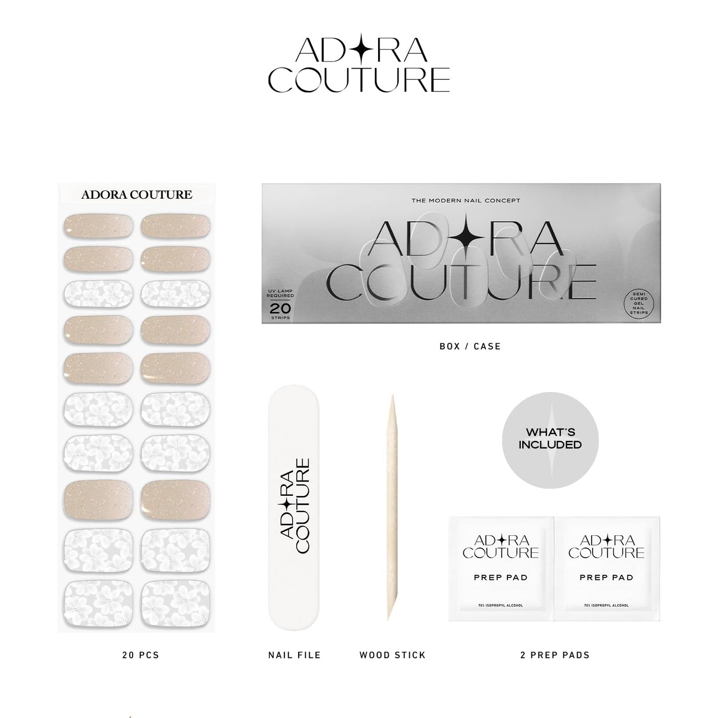 Adora Couture Semi Cured Gel Nail Strips with 20 Pieces - UV Gel Stickers, Manicure Kit, Easy Application Wraps Includes Prep Pads, Nail File, Wooden Stick - UV Light Required (Glazed Petals)