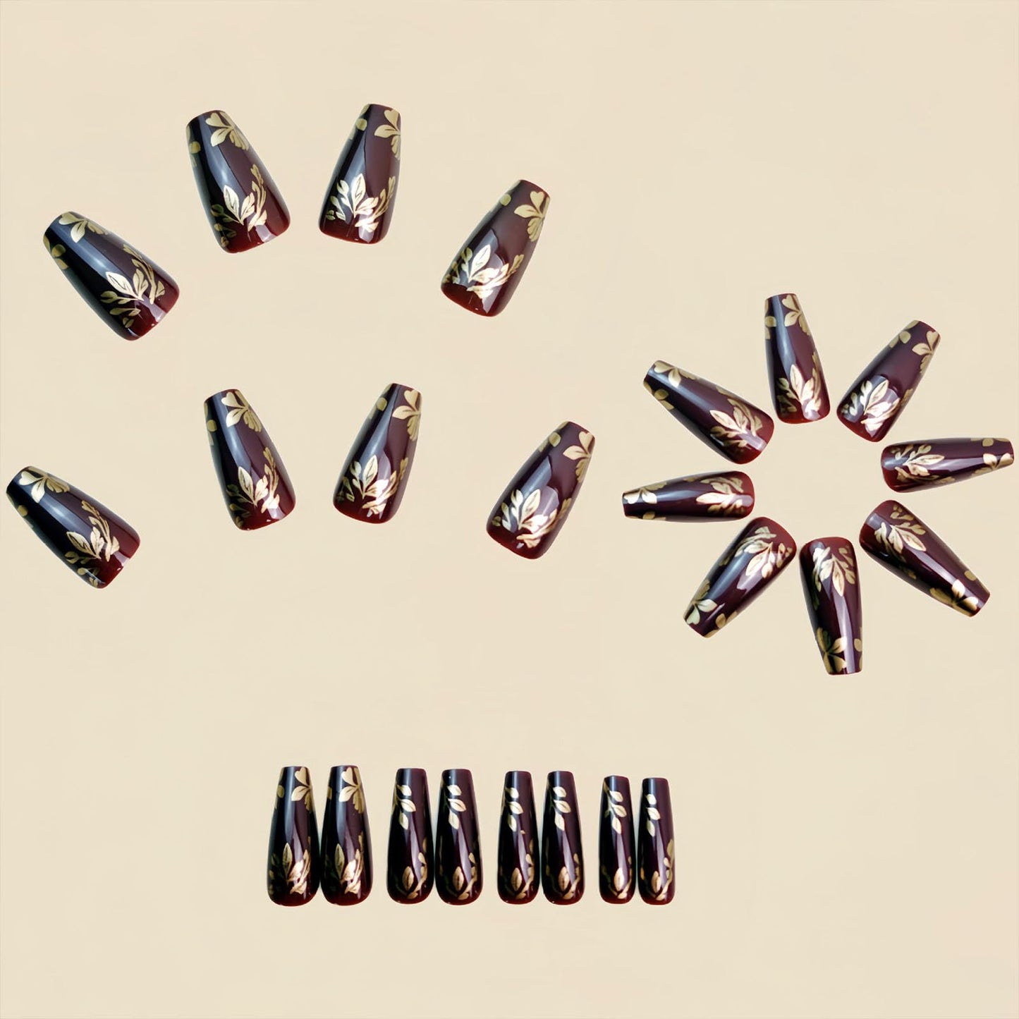 Fall Press on Nails Medium Coffin Fake Nails with Gold Leaves Designs Glossy Glue on Nails Brown Nails Press ons Autumn Acrylic Artificial Stick on Nails for Women 24Pcs