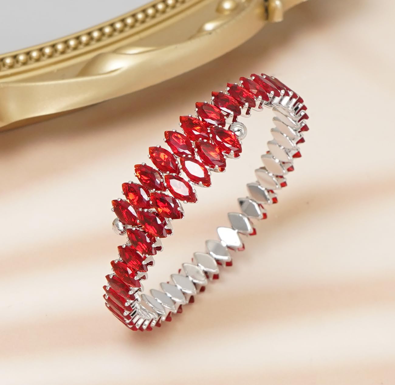 Wovanoo Rhinestone Cuff Bracelet Cubic Zirconia Tennis Bracelets Open Adjustable Bangle for Women Silver Red