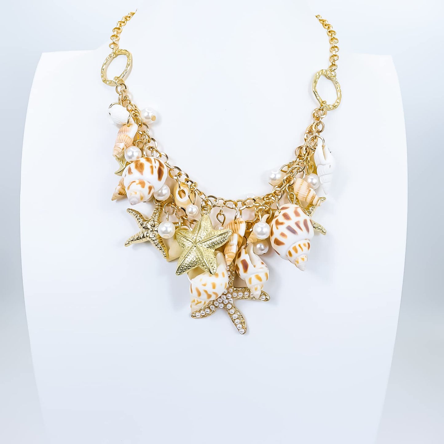 Halawly Shell Necklace Choker - Mermaid Tail Fashion Sea Starfish Faux Pearl Collar Bib Statement Chunky Pendant Set