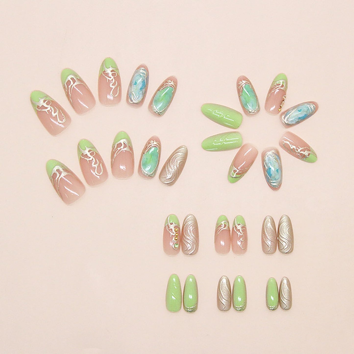 RUOKEXIN Almond Press on Nails Medium Fake Nails Gold Sparkly False Nails with Designs Green Nail Press ons Glossy Artificial Nails for Women 30Pcs