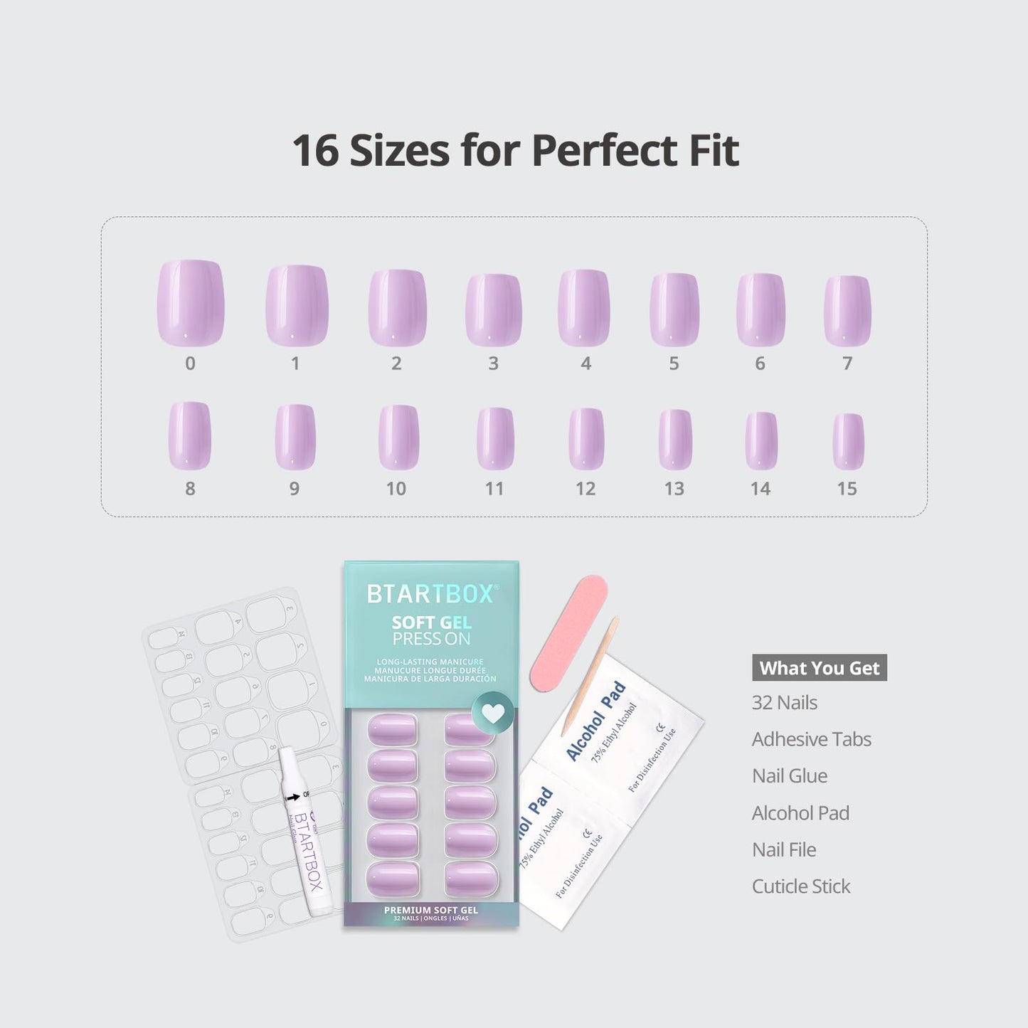 BTArtbox Press On Nails Short - First Impression, Easy-to-Apply Pastel Purple Square Press On Nails with Glue and Adhesive Tabs in 16 Sizes - 32 Nails All-in-One Kit