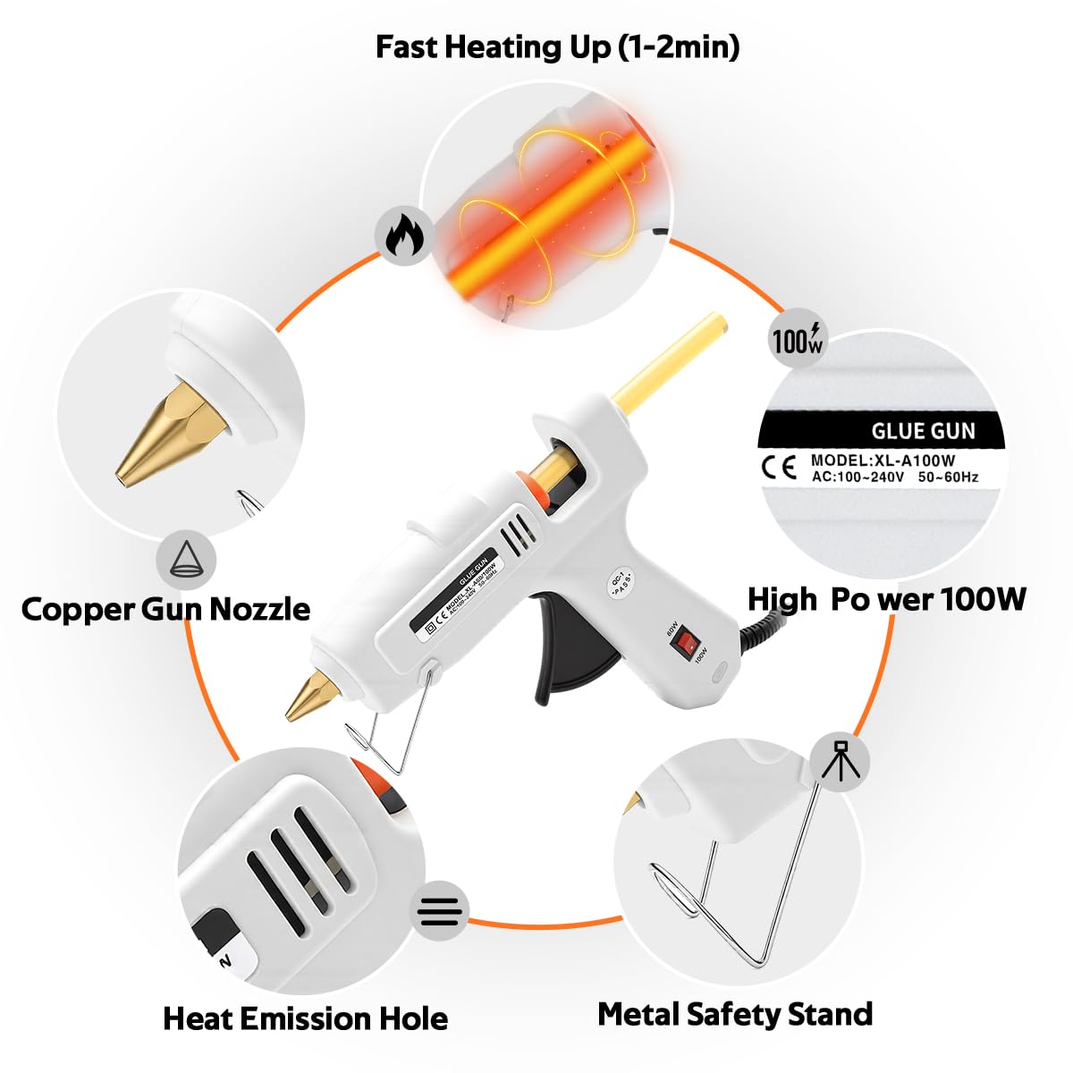 100W Hot Glue Gun for Paintless Dent Repair, White High-Temp Glue Gun with 10 Glue Sticks (Yellow & Black), Fast Heating, Anti-Drip Nozzle, Auto Body Dent Puller Tool