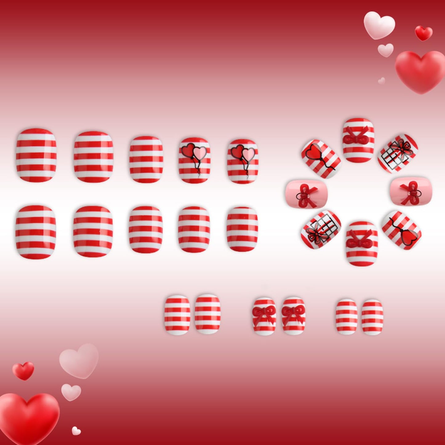 CJDLTS Valentines Press on Nails Short Square Artificial Acrylic Fake Nails Red Pink Love Balloon with Red Bow Full Cover Glossy Heart Stick on Nail Artificial Fingernails for Women Festival Manicure
